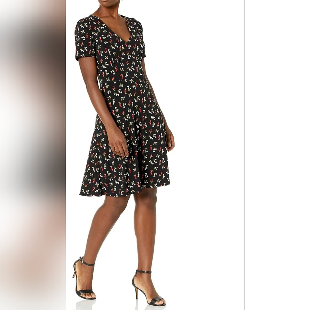 Lark & Ro Black Stretchy Dress with Red Flowers Size 10